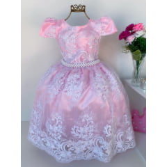 Vestido Infantil Rosa Bebê Renda Branca Realeza Luxo Pérolas