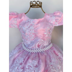 Vestido Infantil Rosa Bebê Renda Branca Realeza Luxo Pérolas