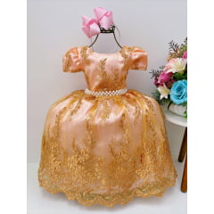 Vestido Infantil Rosa C/ Renda Dourada Realeza Pérolas