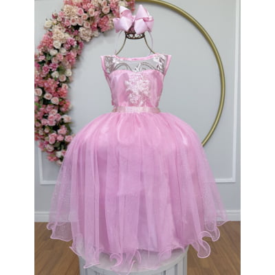 Vestido Infantil Rosa C/ Renda e Tule Glitter Daminha