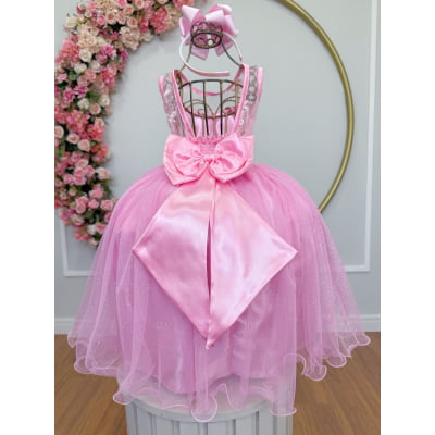 Vestido Infantil Rosa C/ Renda e Tule Glitter Daminha