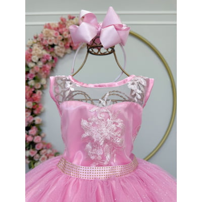 Vestido Infantil Rosa C/ Renda e Tule Glitter Daminha