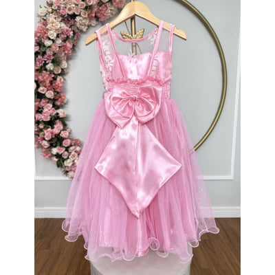 Vestido Infantil Rosa C/ Renda e Tule Glitter Daminha