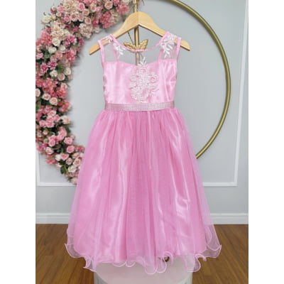 Vestido Infantil Rosa C/ Renda e Tule Glitter Daminha