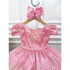 Vestido Infantil Rosa Com Renda Realeza Cinto de Pérolas