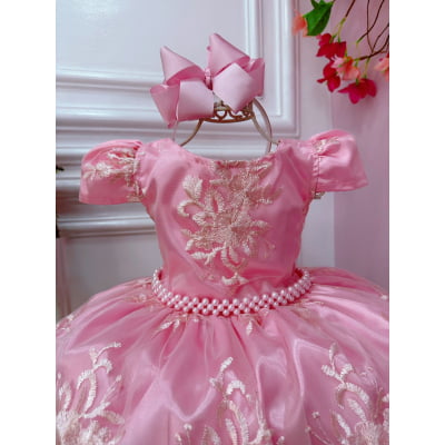 Vestido Infantil Rosa Com Renda Realeza Cinto de Pérolas
