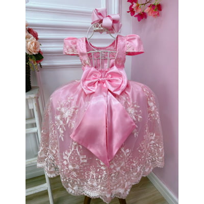 Vestido Infantil Rosa Com Renda Realeza Cinto de Pérolas
