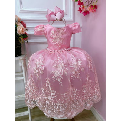 Vestido Infantil Rosa Com Renda Realeza Cinto de Pérolas