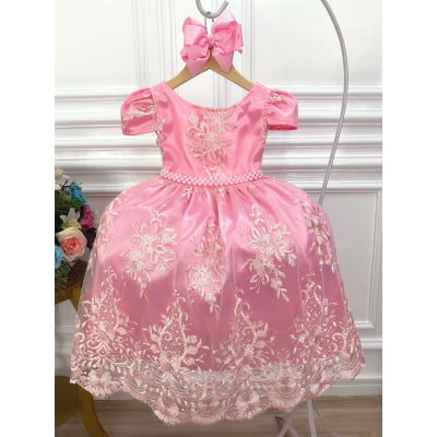 Vestido Infantil Rosa Com Renda Realeza Cinto de Pérolas