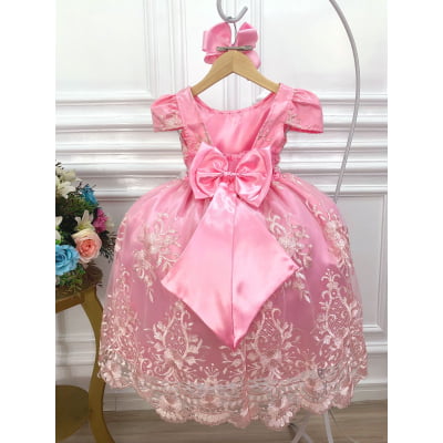 Vestido Infantil Rosa Com Renda Realeza Cinto de Pérolas