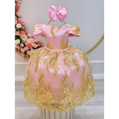 Vestido Infantil Rosa Com Renda Realeza Dourada e Pérolas