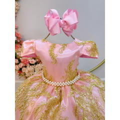 Vestido Infantil Rosa Com Renda Realeza Dourada e Pérolas