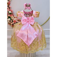 Vestido Infantil Rosa Com Renda Realeza Dourada e Pérolas