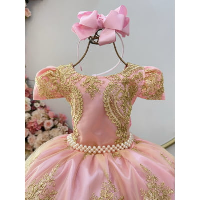 Vestido Infantil Rosa Com Renda Realeza Dourada e Pérolas