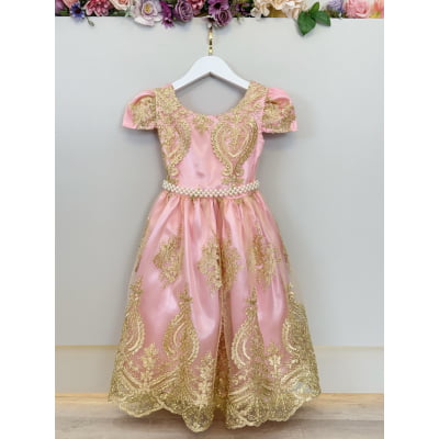 Vestido Infantil Rosa Com Renda Realeza Dourada e Pérolas