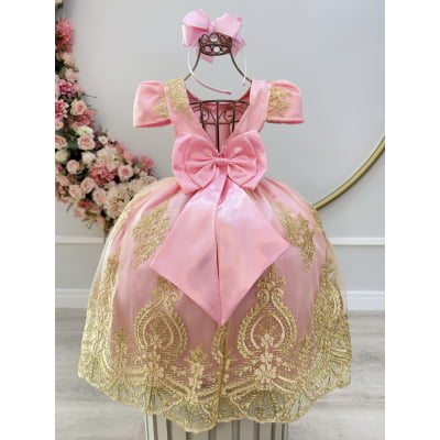 Vestido Infantil Rosa Com Renda Realeza Dourada e Pérolas