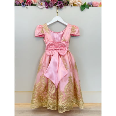 Vestido Infantil Rosa Com Renda Realeza Dourada e Pérolas