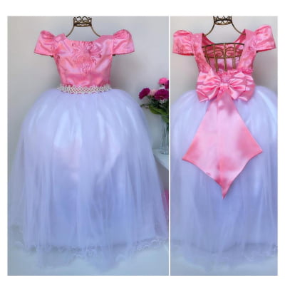 Vestido Infantil Rosa e Saia Branca Damas de Honra Casamento