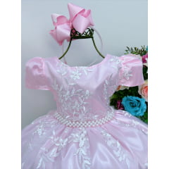 Vestido Infantil Rosa Renda Branca Realeza C/ Pérolas Luxo