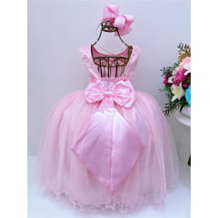 Vestido Infantil Rosa Renda Cinto Com Pérolas e Strass
