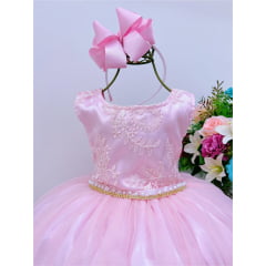 Vestido Infantil Rosa Renda Cinto Com Pérolas Strass