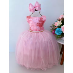 Vestido Infantil Rosa Renda Cinto Pérolas e Strass