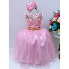 Vestido Infantil Rosa Renda e Tule C/ Brilho Luxo Princesas