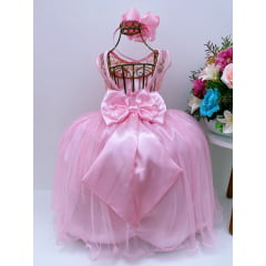 Vestido Infantil Rosa Renda e Tule C/ Brilho Luxo Princesas