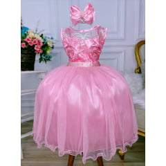 Vestido Infantil Rosa Renda Realeza e Tule C/ Glitter