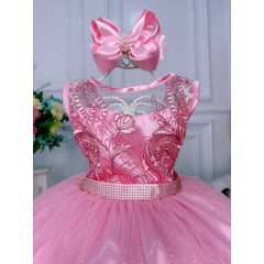 Vestido Infantil Rosa Renda Realeza e Tule C/ Glitter
