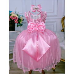 Vestido Infantil Rosa Renda Realeza e Tule C/ Glitter
