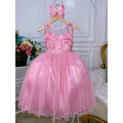 Vestido Infantil Rosa Renda Realeza e Tule C/ Glitter