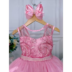 Vestido Infantil Rosa Renda Realeza e Tule C/ Glitter