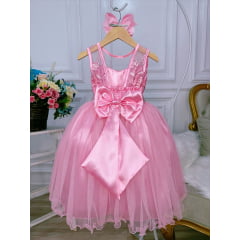 Vestido Infantil Rosa Renda Realeza e Tule C/ Glitter
