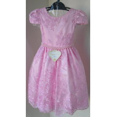 Vestido Infantil Rosa Rendado Cinto de Perolas Luxo