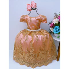 Vestido Infantil Rose C/ Renda Dourada Realeza Pérolas
