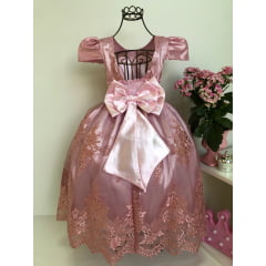 Vestido Infantil Rosê Renda Realeza Cinto Pérolas Luxo Damas