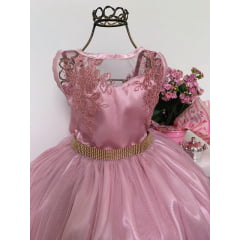 Vestido Infantil Rosê Renda Tule com Brilho Damas Luxo