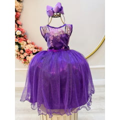 Vestido Infantil Roxo Renda Metalizada Tule C/ Brilho Damas