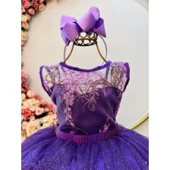 Vestido Infantil Roxo Renda Metalizada Tule C/ Brilho Damas