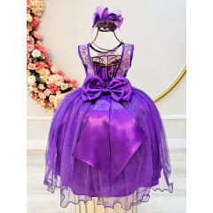 Vestido Infantil Roxo Renda Metalizada Tule C/ Brilho Damas