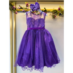 Vestido Infantil Roxo Renda Metalizada Tule C/ Brilho Damas