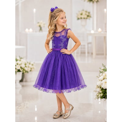 Vestido Infantil Roxo Renda Metalizada Tule C/ Brilho Damas