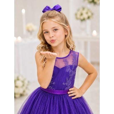 Vestido Infantil Roxo Renda Metalizada Tule C/ Brilho Damas