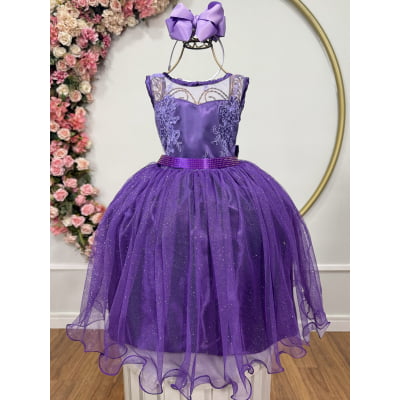 Vestido Infantil Roxo Renda Metalizada Tule C/ Brilho Damas