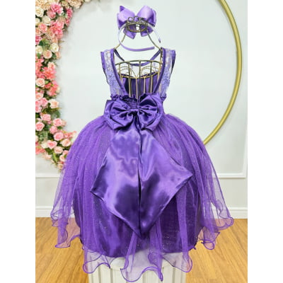 Vestido Infantil Roxo Renda Metalizada Tule C/ Brilho Damas