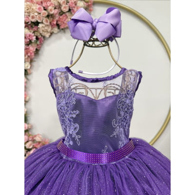 Vestido Infantil Roxo Renda Metalizada Tule C/ Brilho Damas