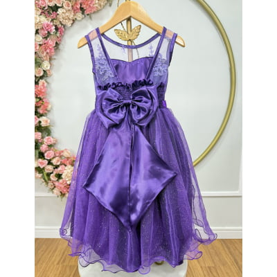 Vestido Infantil Roxo Renda Metalizada Tule C/ Brilho Damas