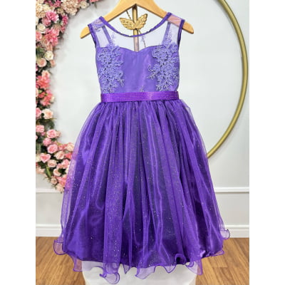 Vestido Infantil Roxo Renda Metalizada Tule C/ Brilho Damas