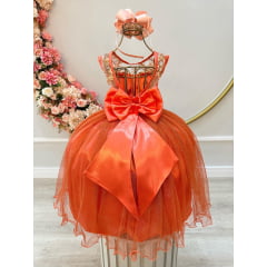 Vestido Infantil Terracota C/ Renda Metalizada Tule Glitter